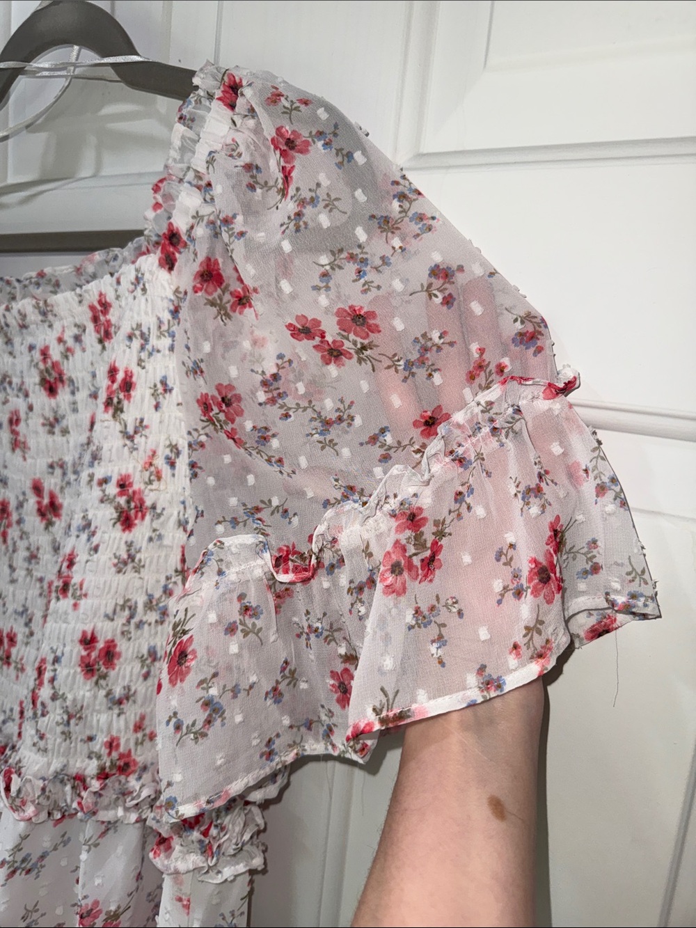 CeCe White Floral Smocked Dress with Coral and Blue Blooms - Picture 5 of 8